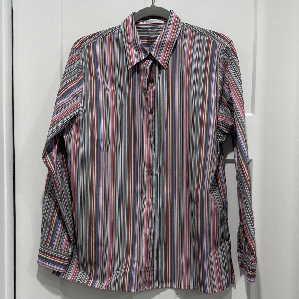 Foxcroft Women’s Long-Sleeve Stripe Button-Up — Pink, Blue, Brown